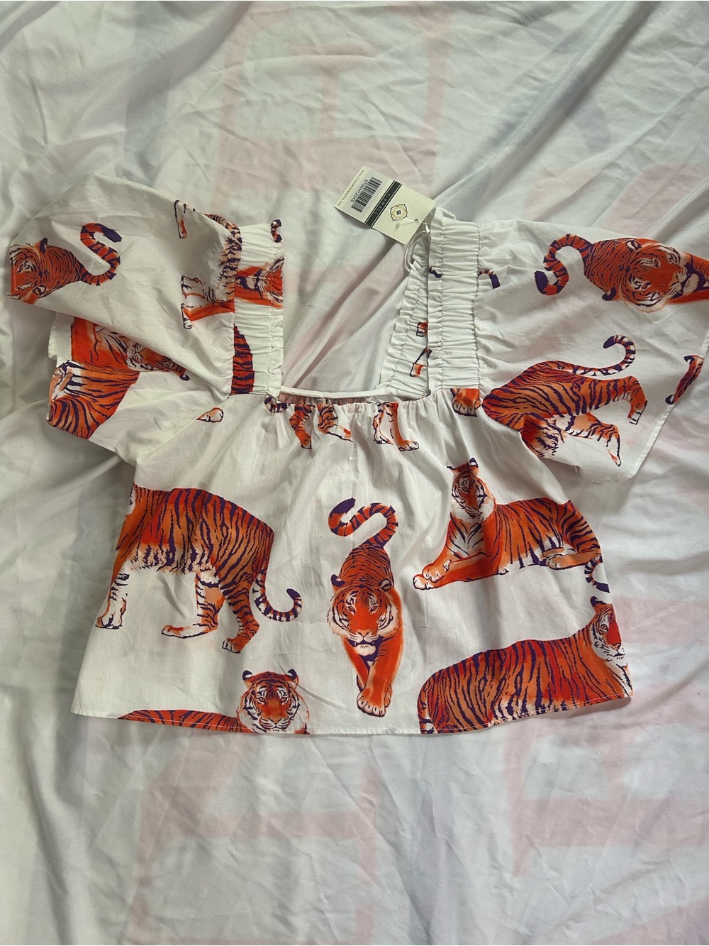 Stewart Simmons White Crop Top w/ Orange Tiger Print & Puff Sleeves size XS NWT